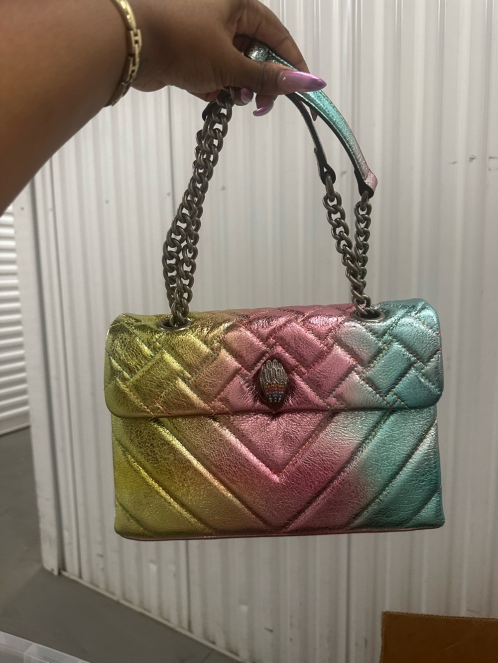Kurt Geiger Metallic Rainbow Quilted Shoulder Bag - Pink, Green & Gold